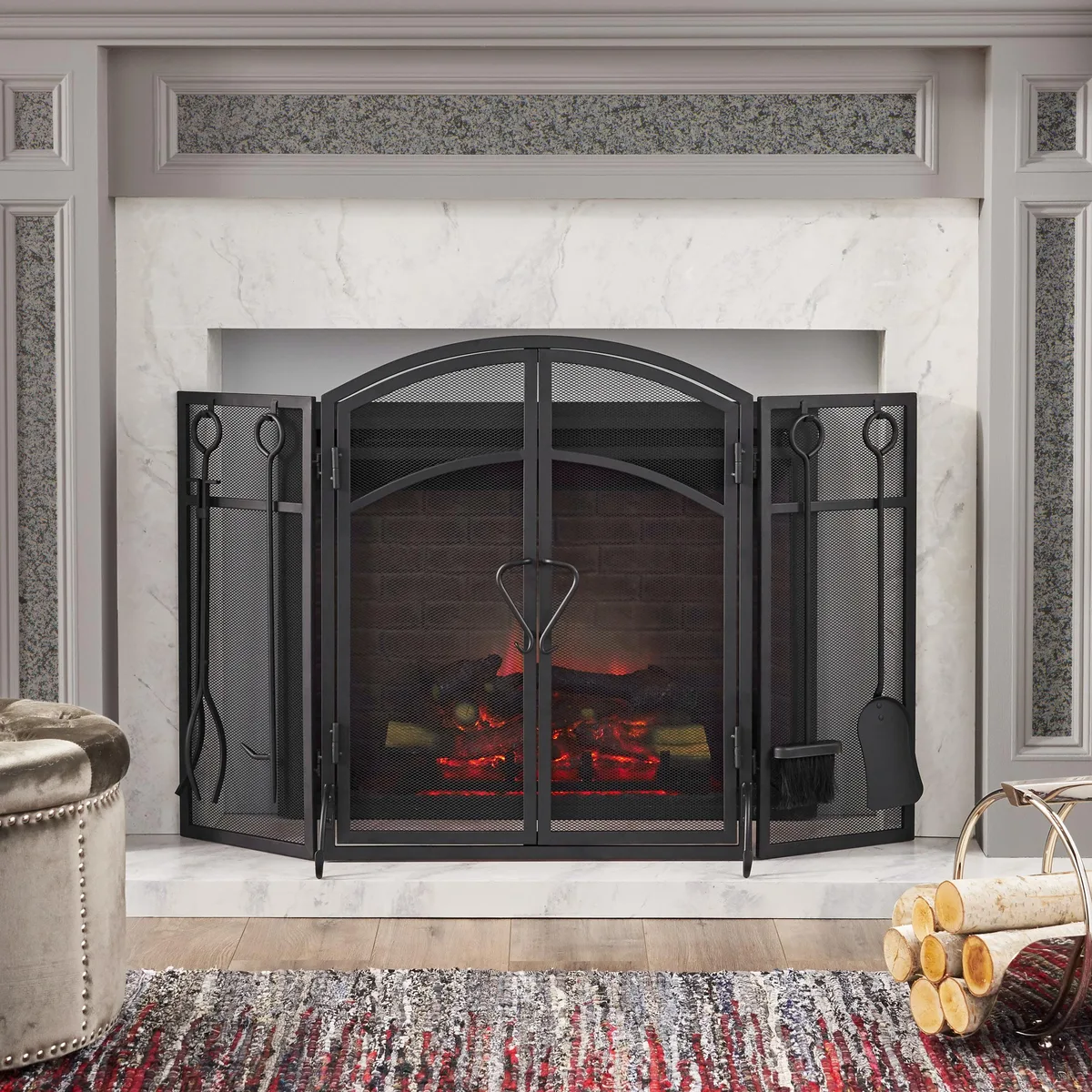 tuphen tuphen Folding Fireplace Screen with Doors and 4-Piece Tool Set, Matte Black — product photo