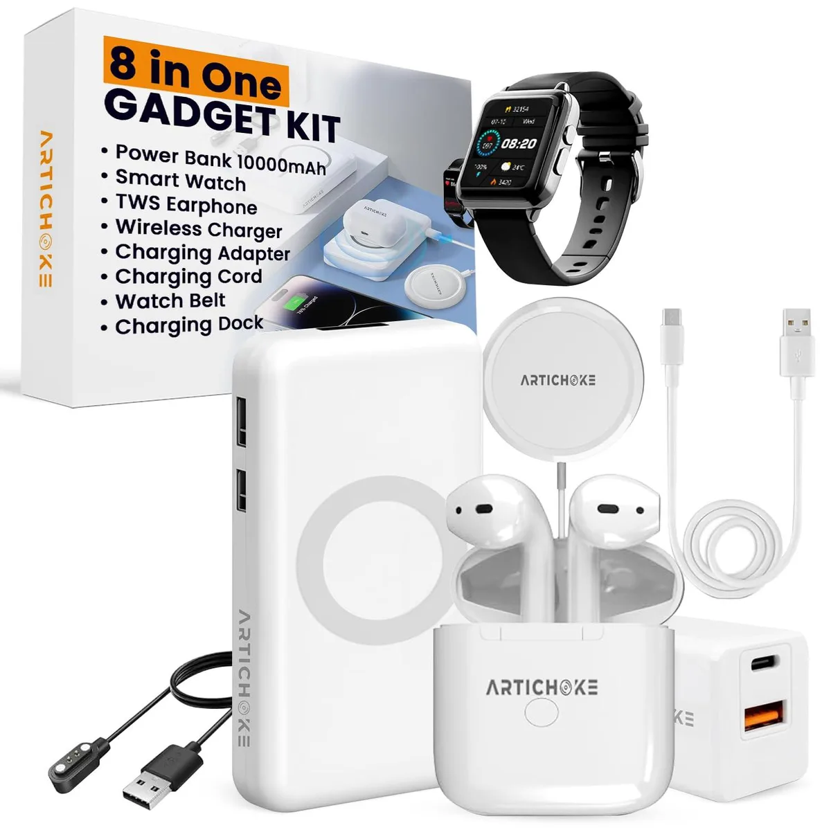 Artichoke 6-in-1 Gift Set Power Bank 5000 Smart Watch TWS Earphones White — product photo
