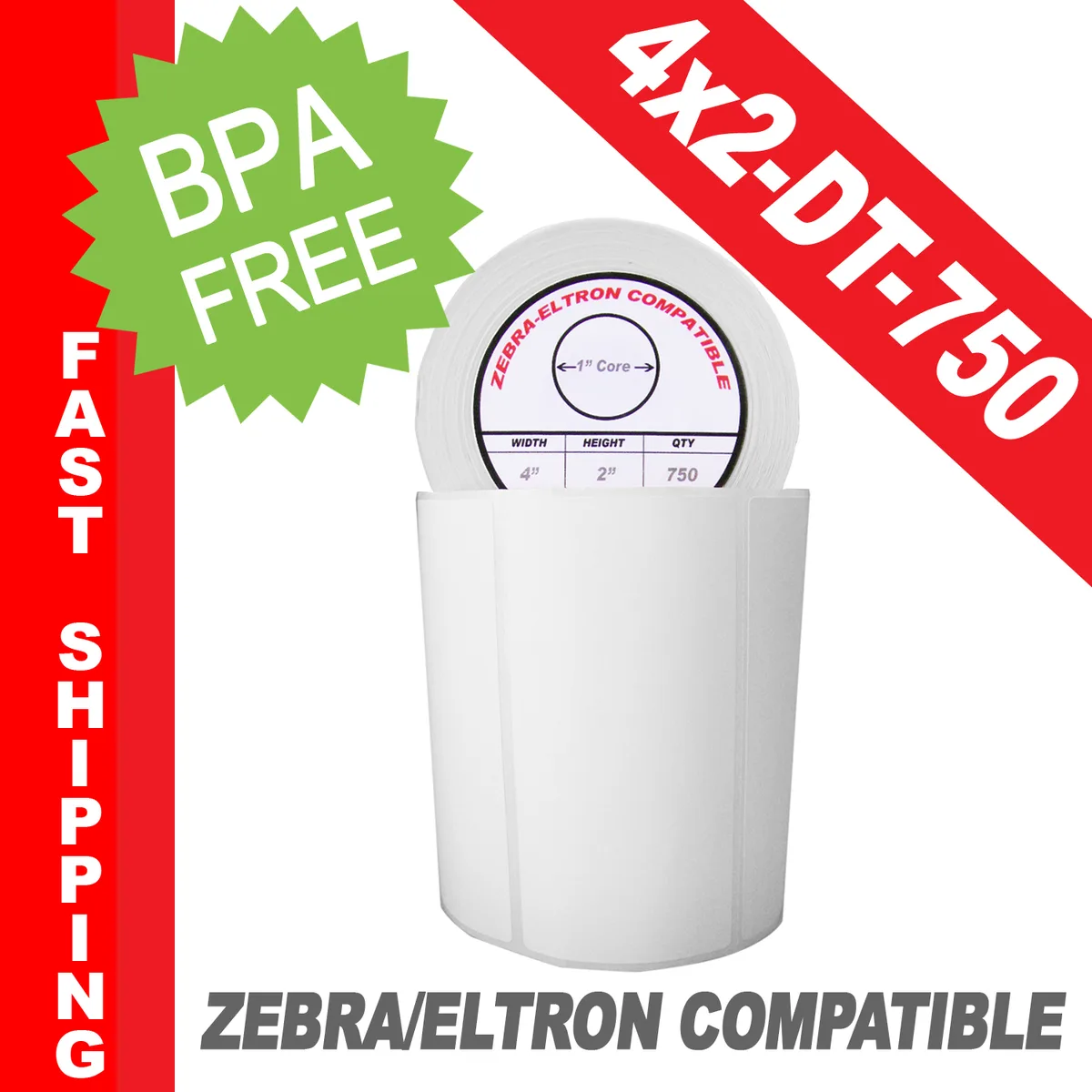 White direct thermal label roll, 750 labels, 4 by 2 inch, 1 inch core