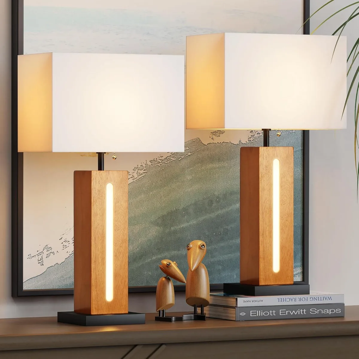 Wenger Wenger Modern Dimmable Table Lamps Set of 2 Square Wood Grain Linen Shade Touch Control — product photo