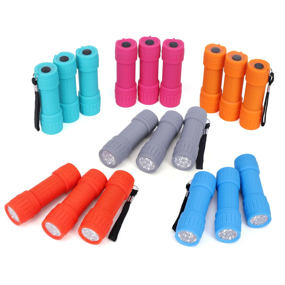 Eighteen cylindrical mini flashlights in six colours, rubber-coated, AAA batteries pre-installed