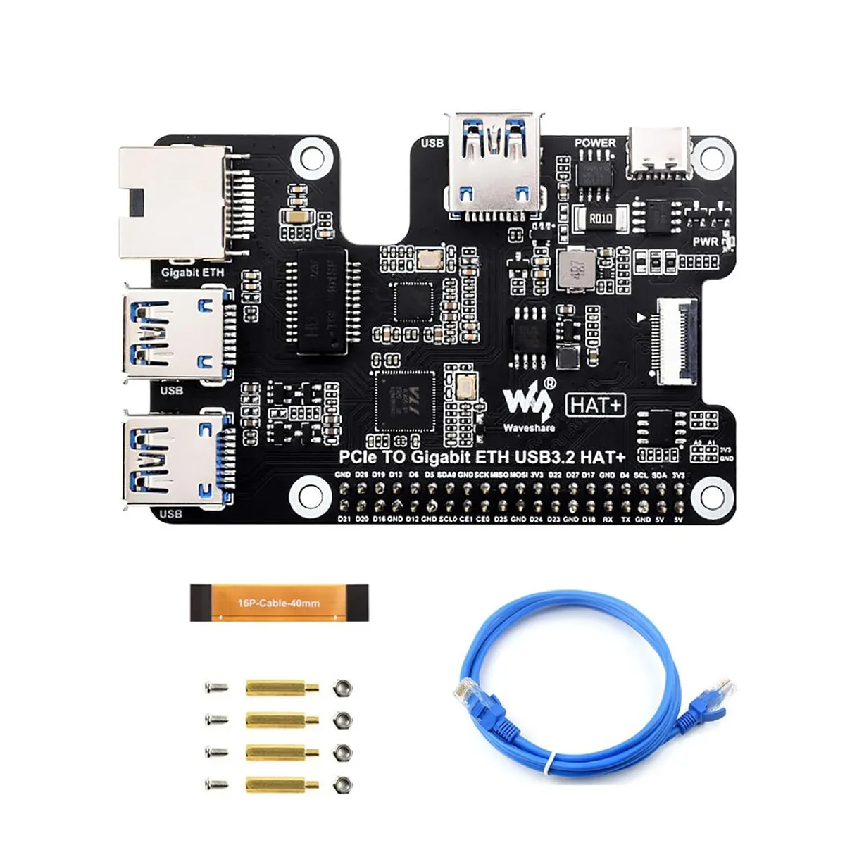 LORDWORLD LORDWORLD PCIe to Gigabit Ethernet and USB 3.2 Gen1 HAT for Raspberry Pi 5 development board — product photo
