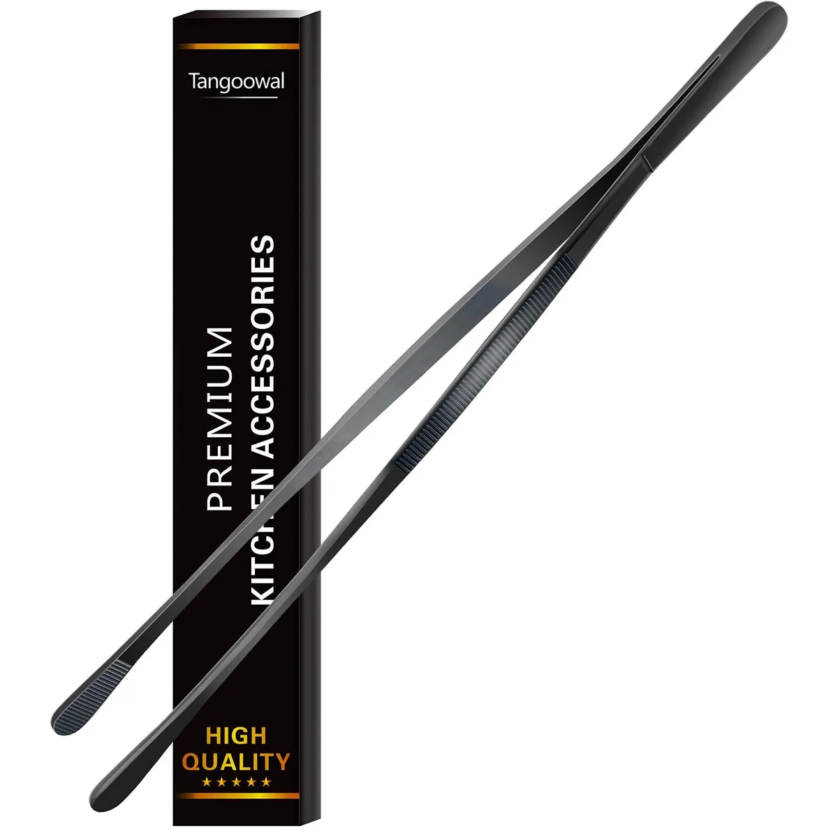 Black coated stainless steel 12 inch cooking tweezers with fluted grip and micro teeth