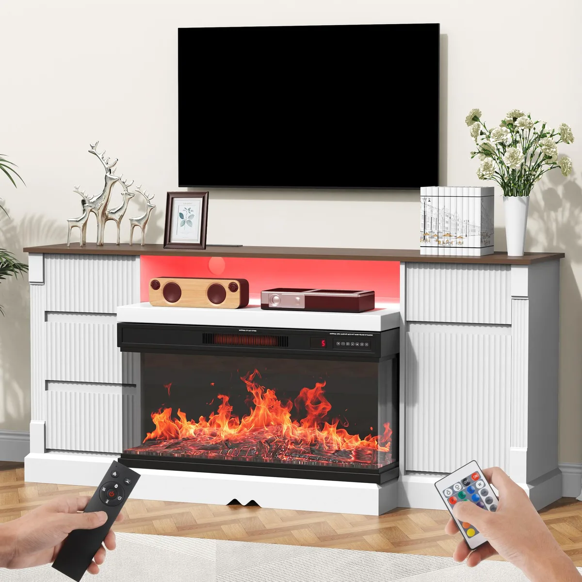 tuphen tuphen 3-Sided Glass TV Stand with Electric Fireplace, White, 70x17x32 in, up to 80 in TV — product photo