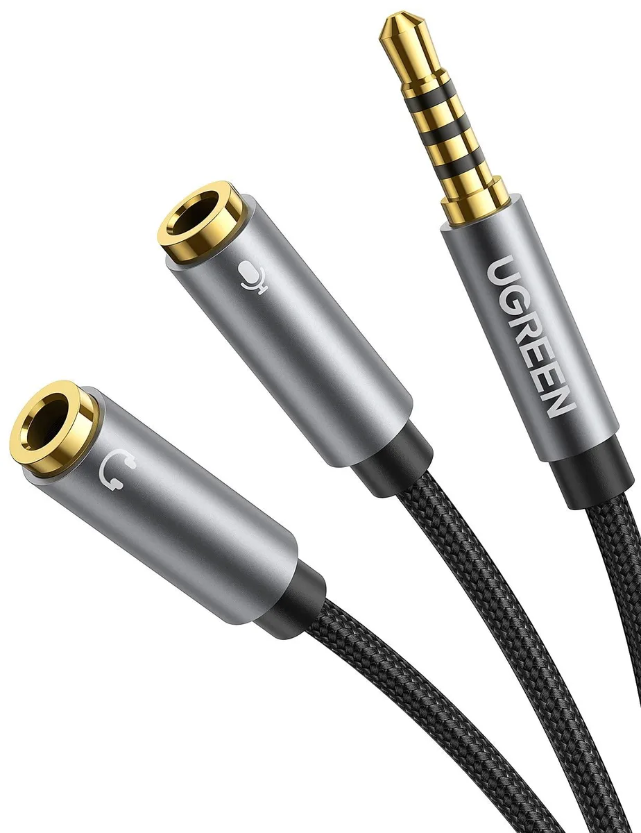  Ugreen 60287 3.5 mm TRRS male to dual TRS female audio adapter, silver, 7.87 in — product photo