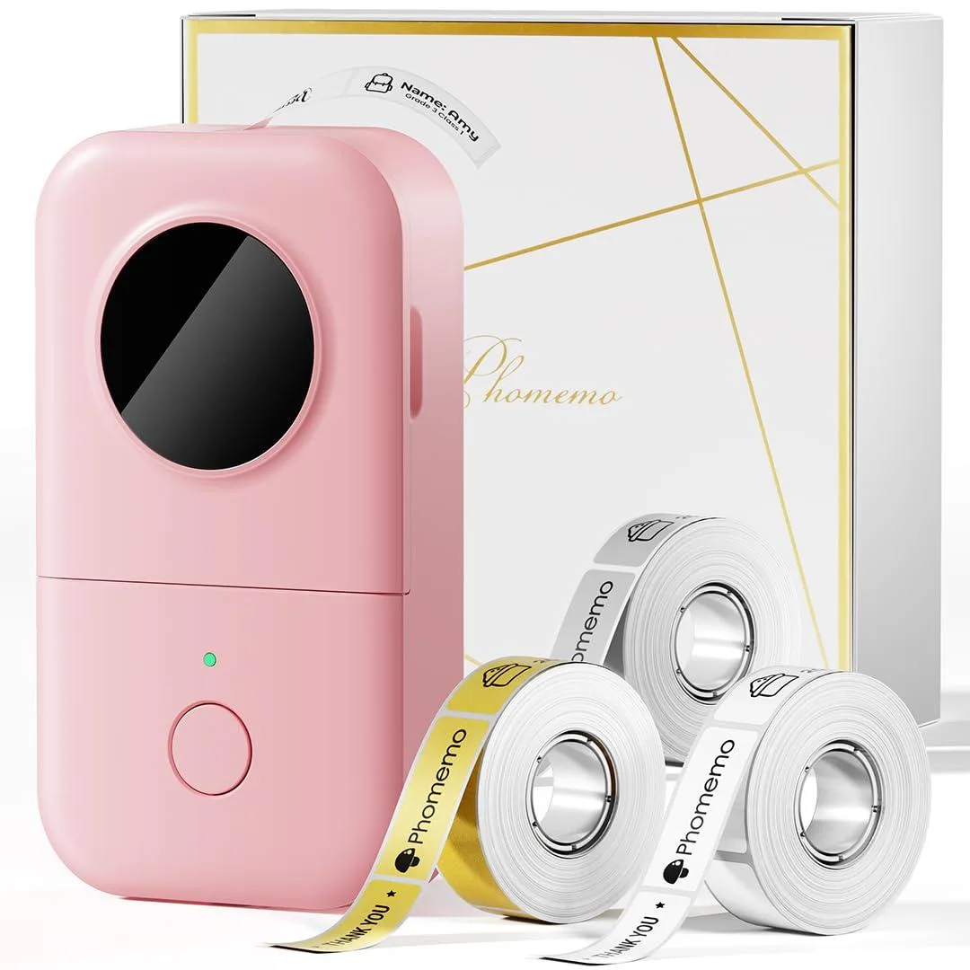 Compact pink thermal label printer with three tape rolls