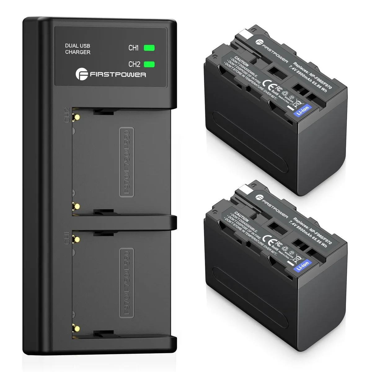 FirstPower NP-F970 2-pack 8900mAh 7.4V Li-ion camera battery with dual USB charger — product photo
