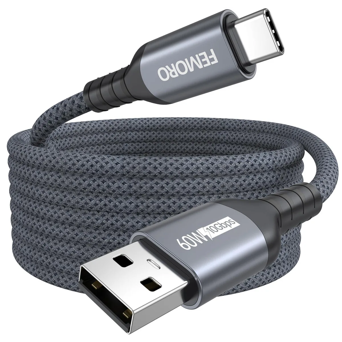 Grey 15ft USB-A to USB-C braided cable with aluminium connector shells