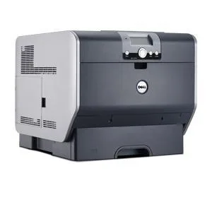 White rectangular desktop laser printer with front paper tray and control panel