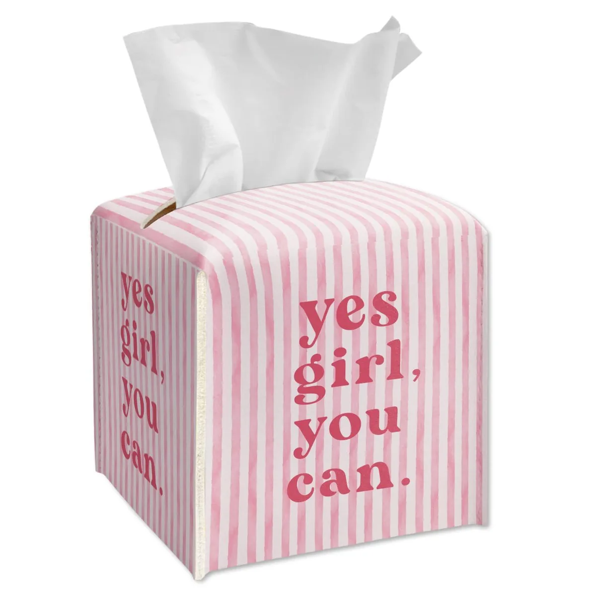 Pink square leather tissue box cover, 5.2 inches on each side, with a Velcro bottom belt