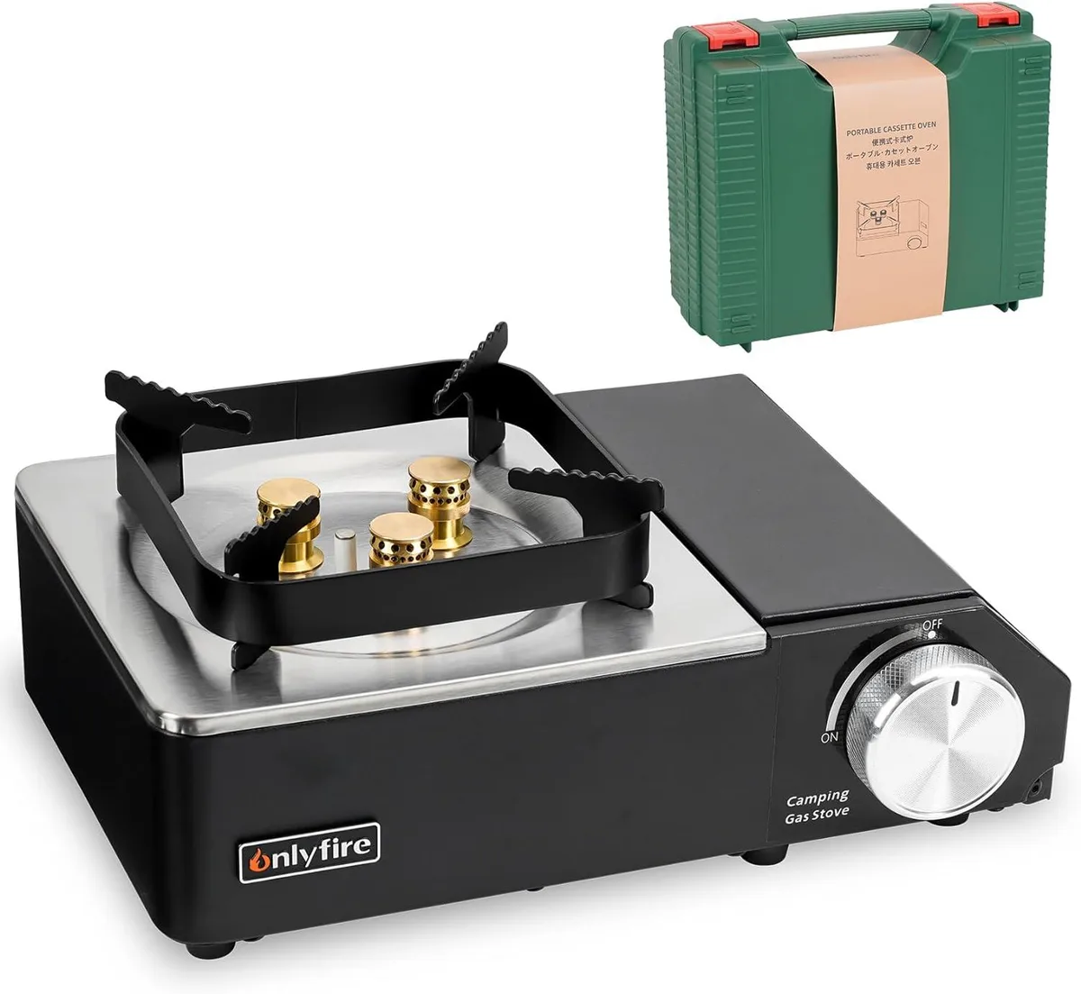 Black portable butane stove with hard carry case