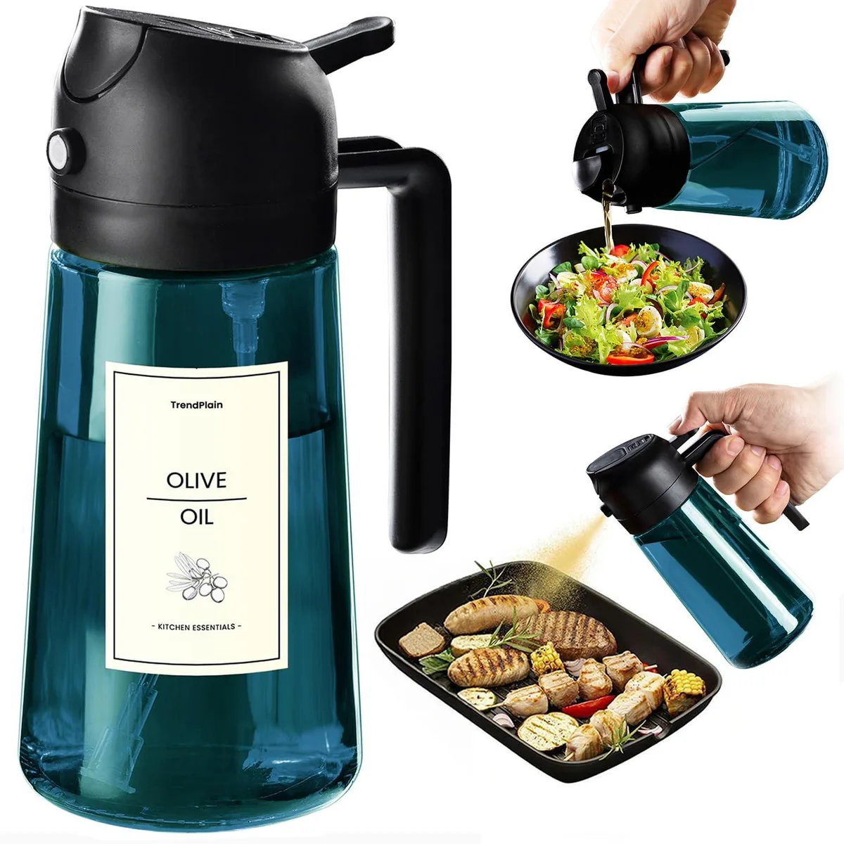 Blue glass olive oil sprayer with black nozzle, 470 ml capacity