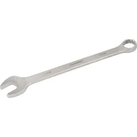 Satin chrome combination wrench with 12 point box end and angled open end