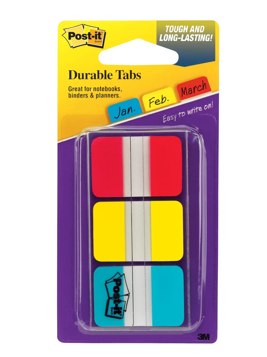 Three pads of square sticky tabs in red yellow and blue inside a clear dispenser