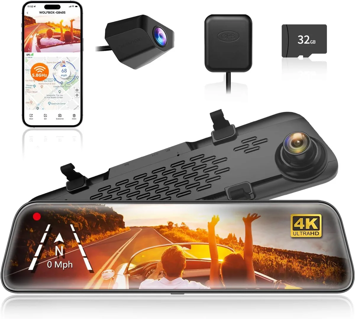 12 inch mirror dash cam with dual cameras and curved display