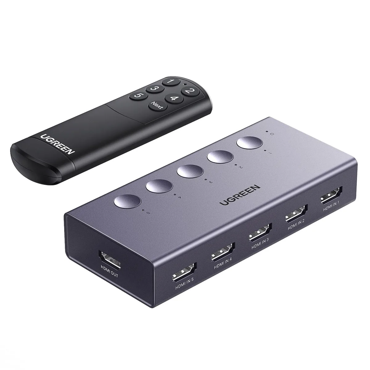 Small grey rectangular box with five HDMI ports and LED indicators