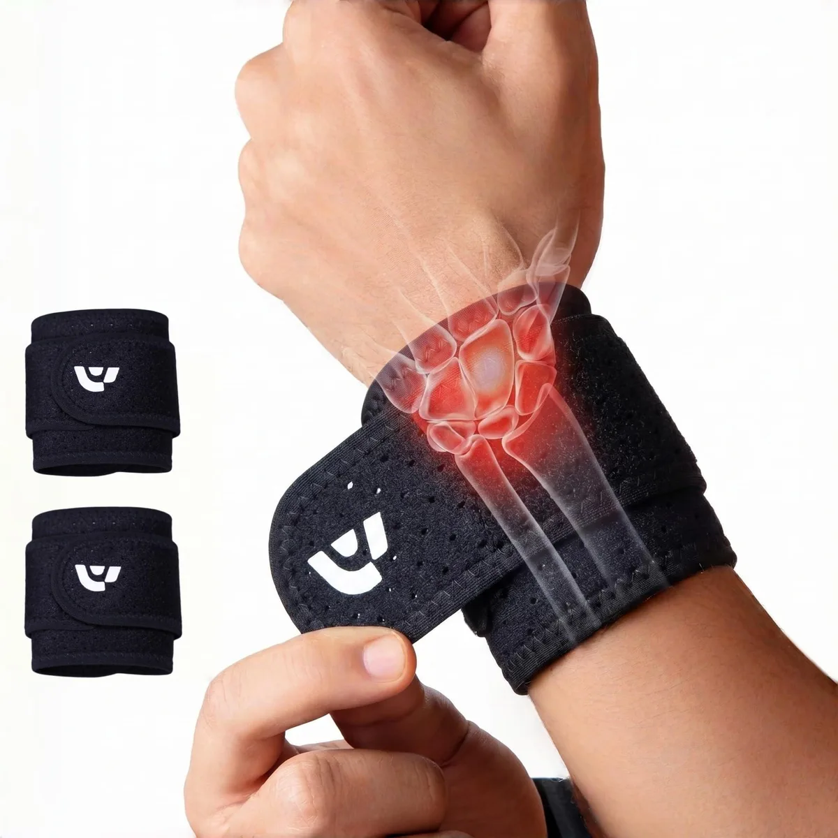 Black adjustable wrist support brace with hook and loop closure, one size fits all