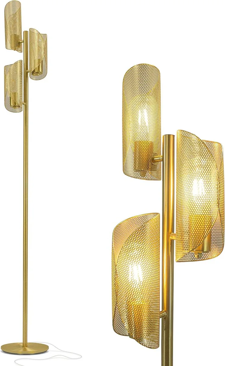 Brass floor lamp with three rotatable cage shades on a gold stem