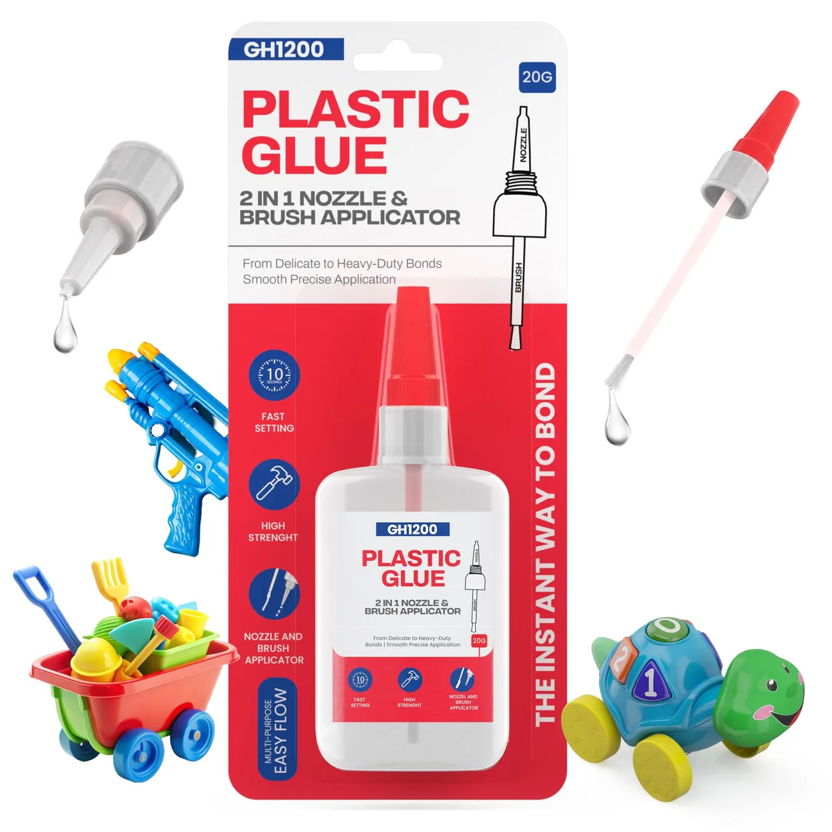 Clear glue bottle with brush and nozzle applicators