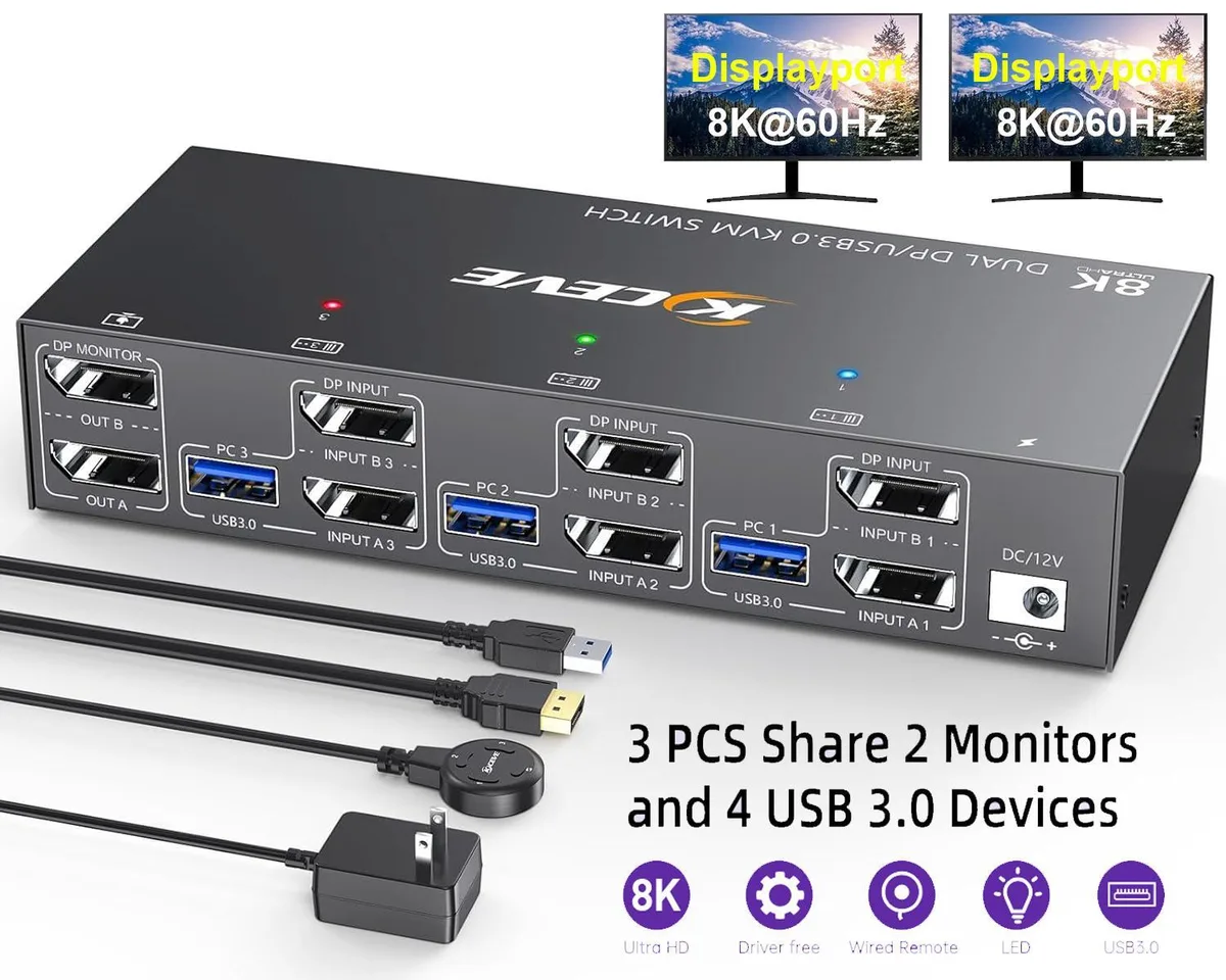 WRIARICH WRIARICH DisplayPort KVM Switch 3 Computers 2 Monitors 8K@60Hz 4K@144Hz 4 USB 3.0 Wired Remote — product photo