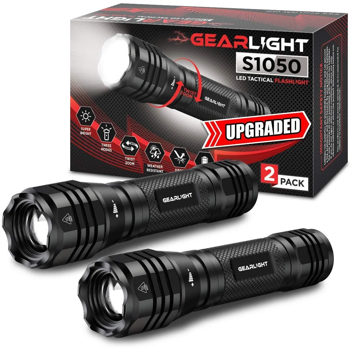Two black aluminium flashlights with zoom heads and wrist straps