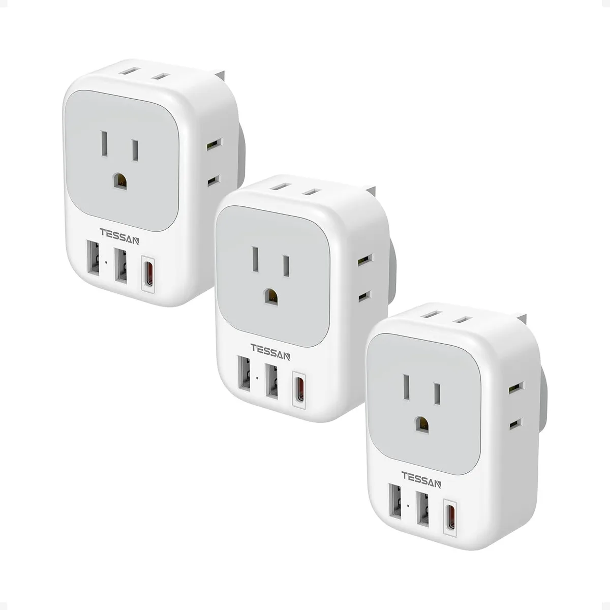 BASEUS BASEUS Type G Travel Adapter 3 Pack 4 Outlets 3 USB Ports 20W USB-C AC Adapter — product photo