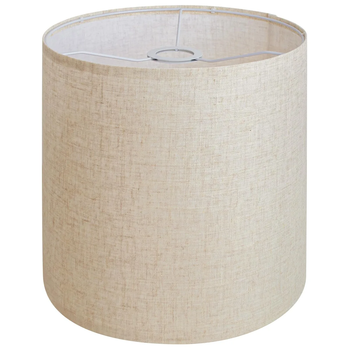 Beige linen drum shade 11 inches wide by 12 inches tall with natural texture