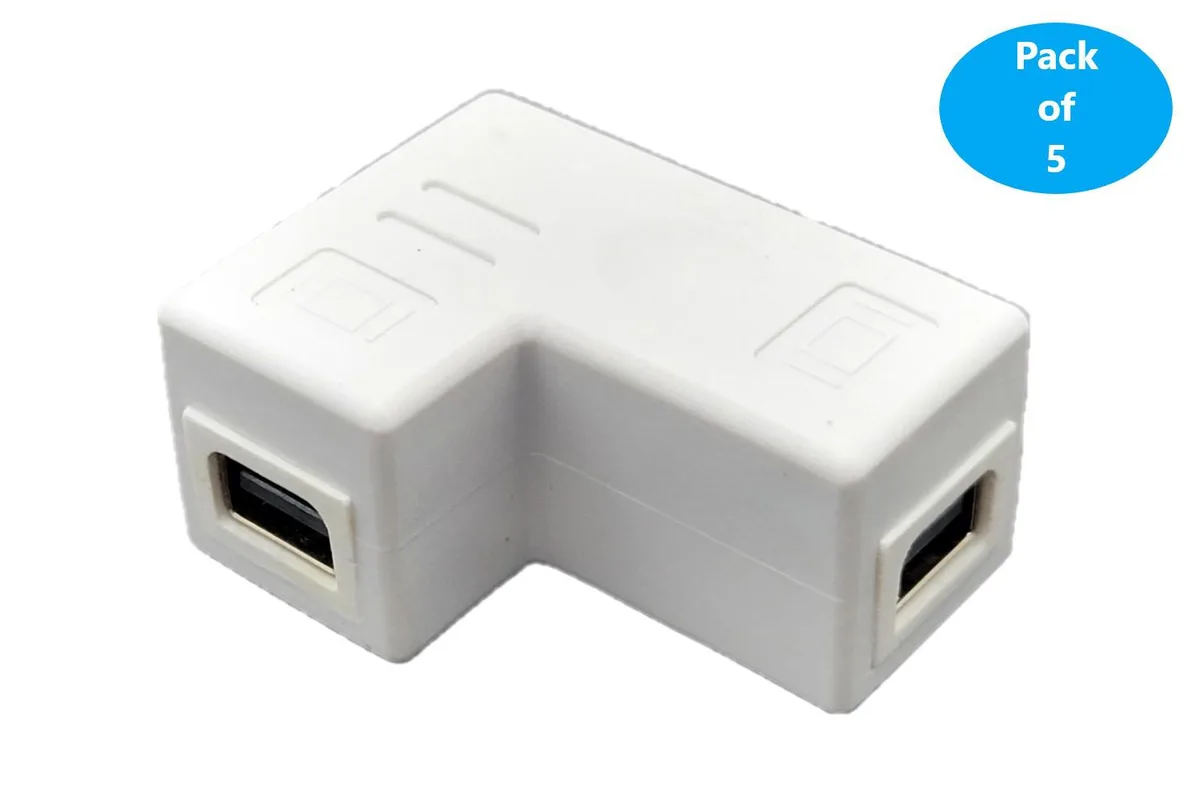 Five white Mini DisplayPort 90-degree couplers on a surface