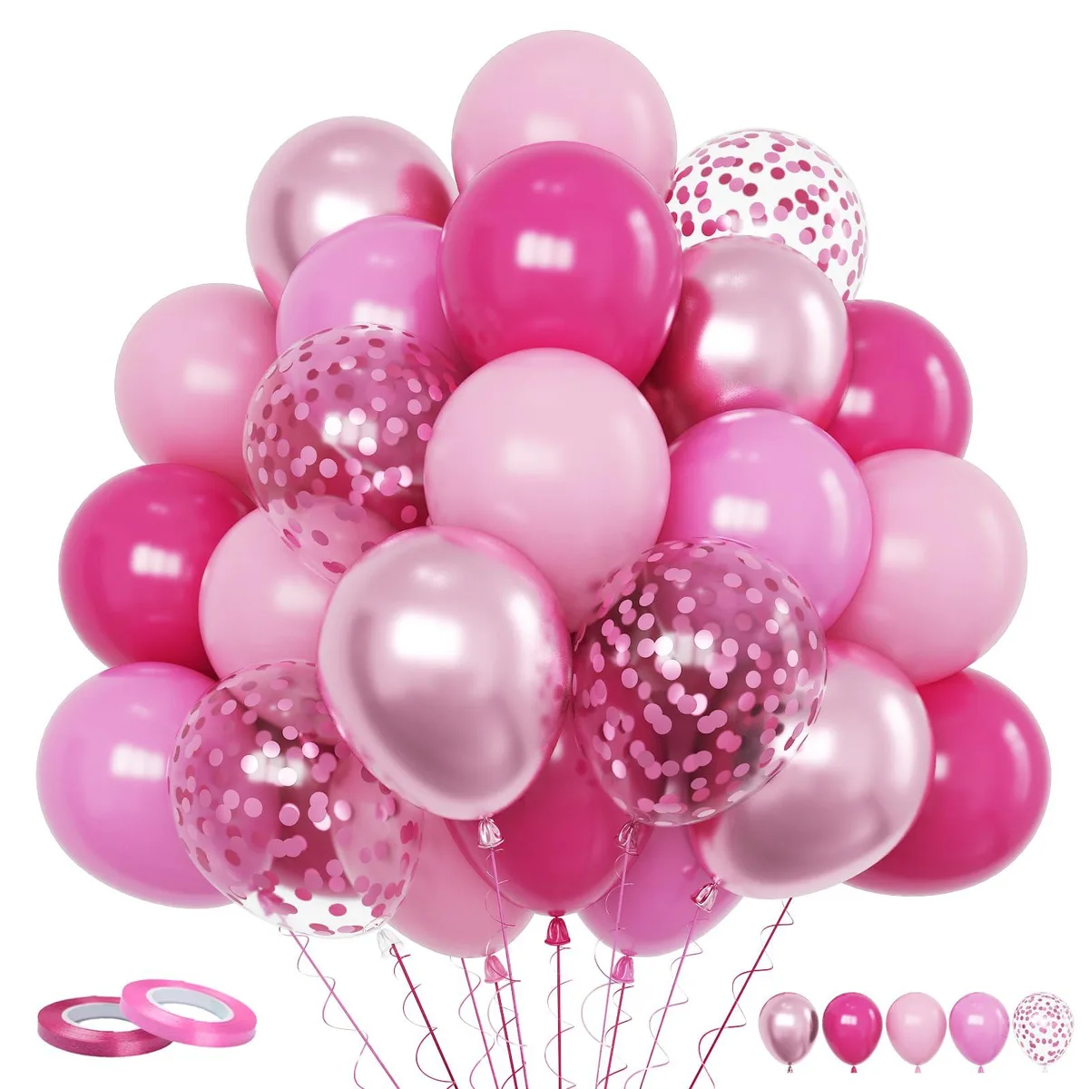  FunHot 60PCS 12Inch Pink Latex Balloons Confetti Metallic Matte Macaron Hot Pink Ribbon Decoration — product photo