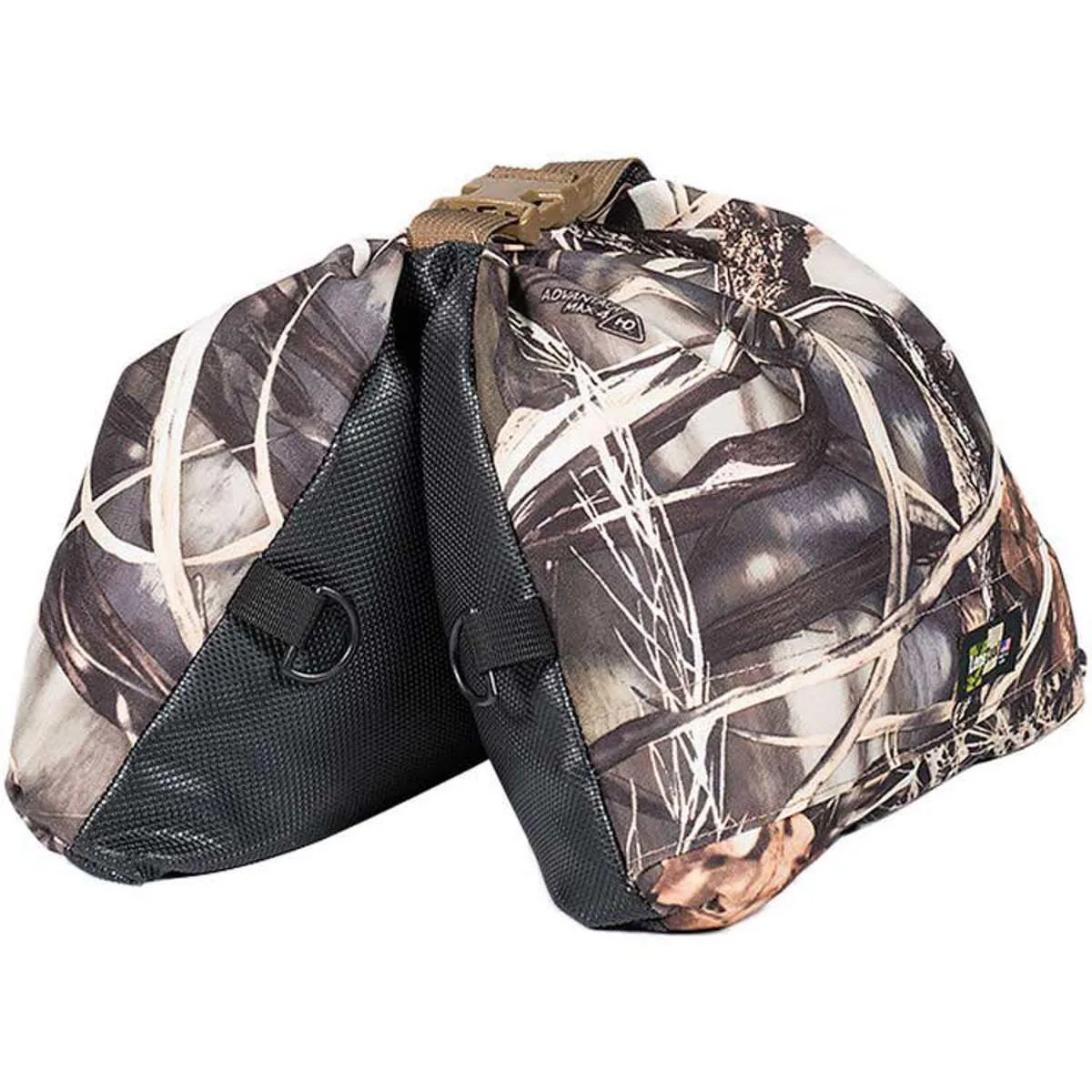 Camouflage-patterned rectangular bean bag with zip closure, unfilled, lying flat