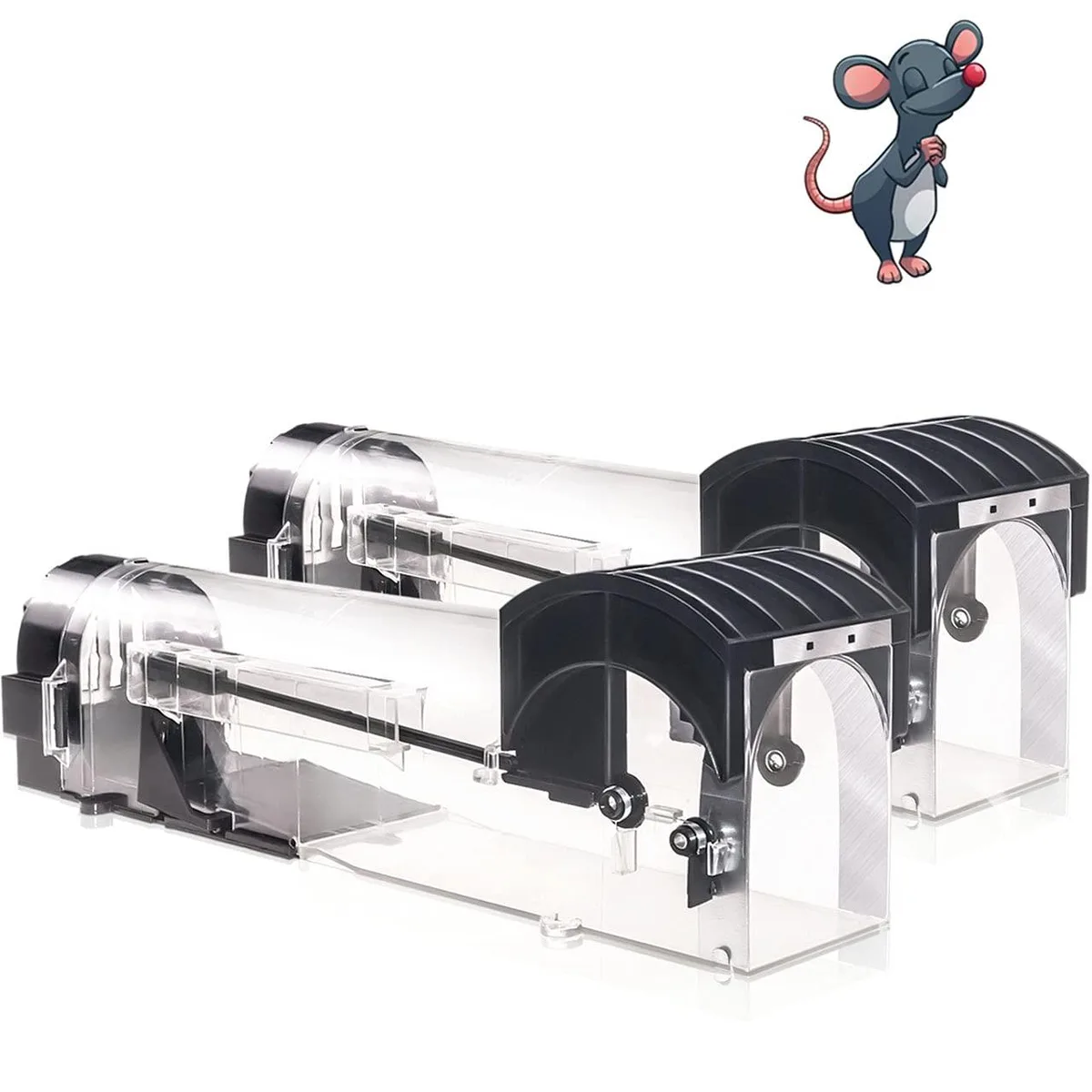 Two black 12 inch humane pest control traps, rectangular with front and rear doors