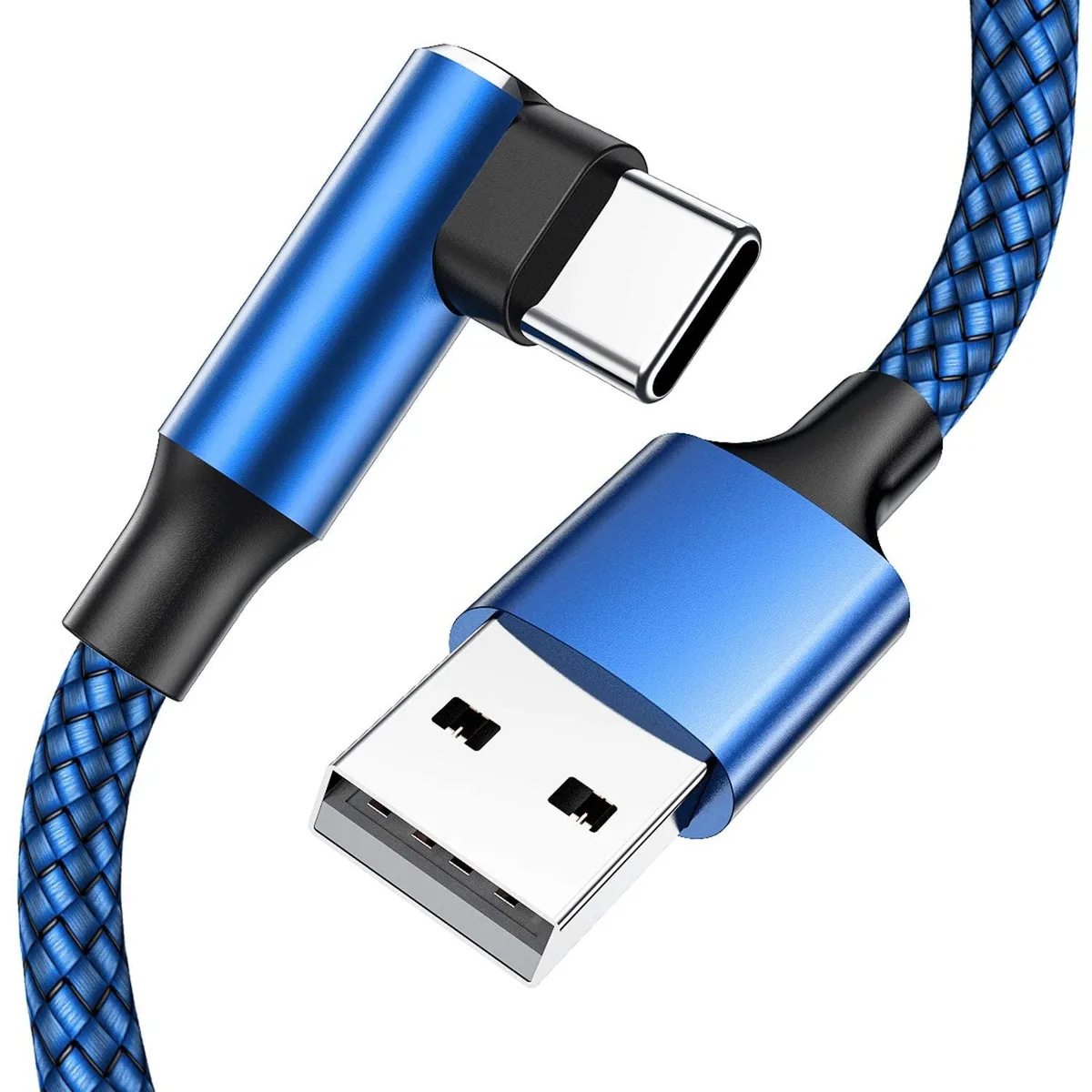 Three blue nylon-braided USB-A to USB-C right-angle cables, 10ft each