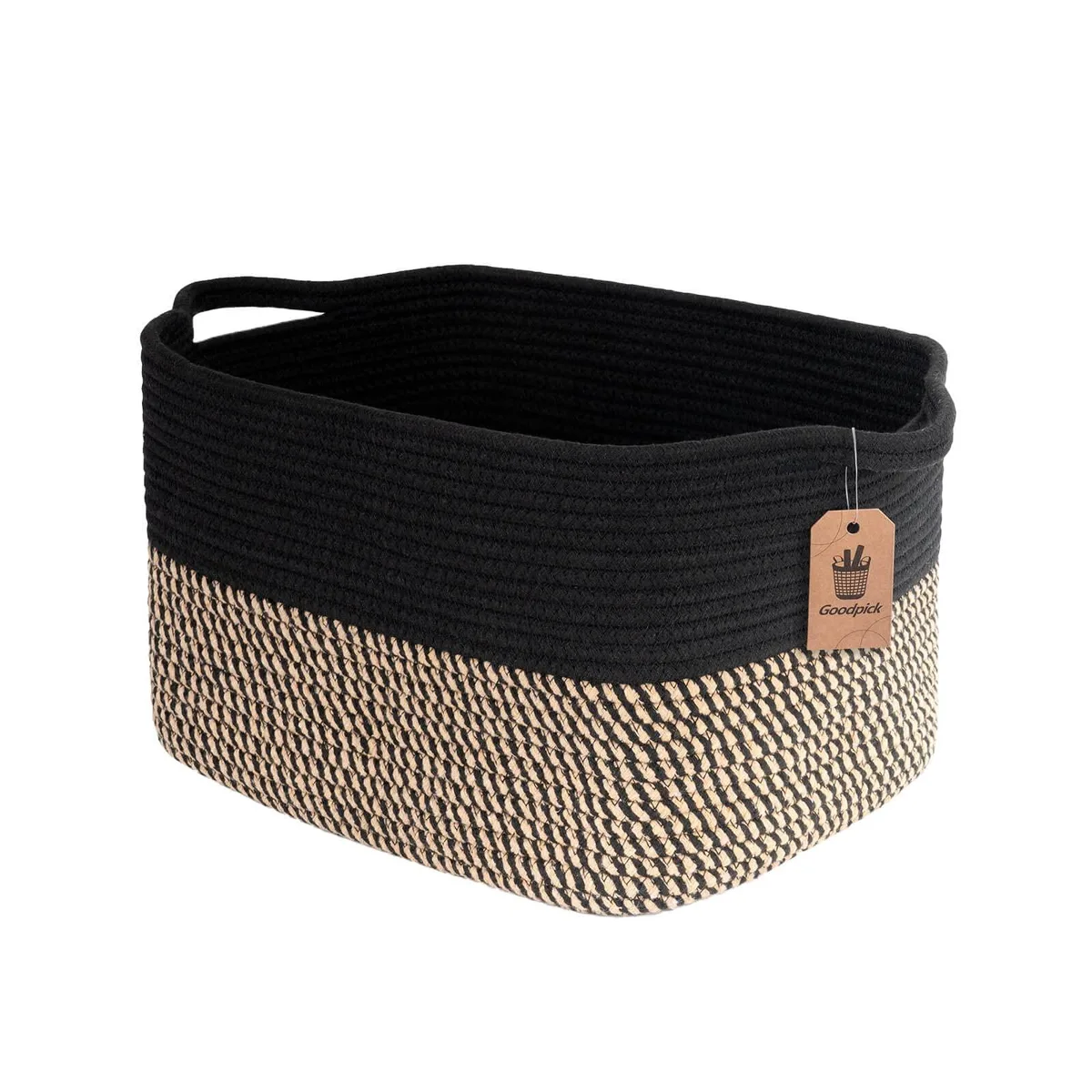 Black jute woven storage basket, rectangular with handles, 13 x 10 x 9 inches