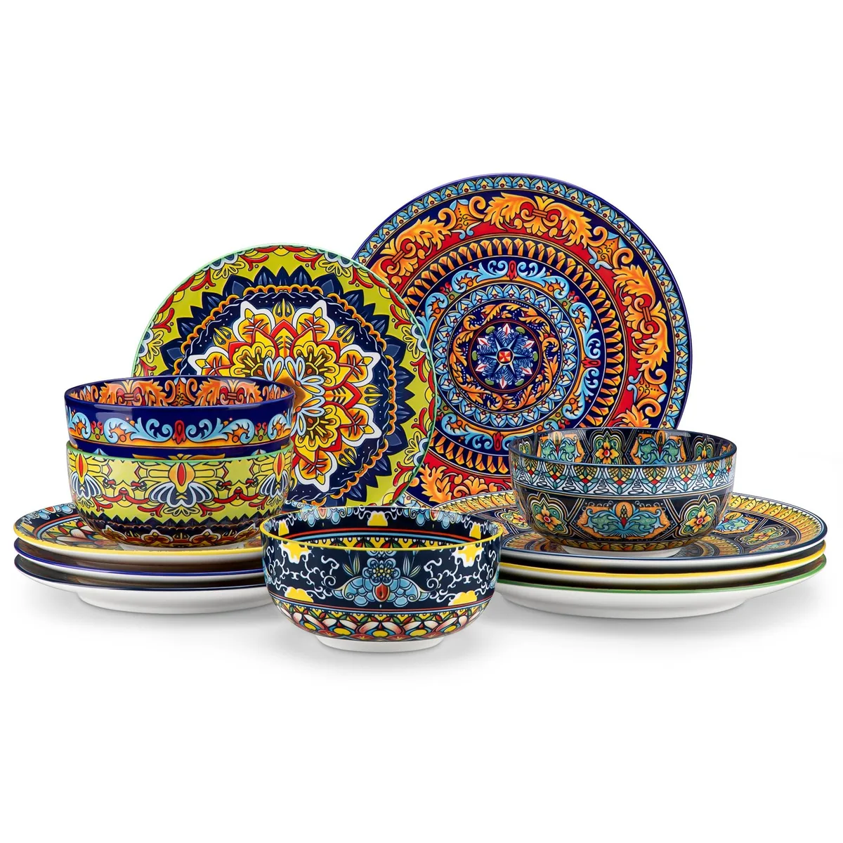A 12-piece porcelain dinnerware set with multicolored floral patterns on white glossy round plates and bowls