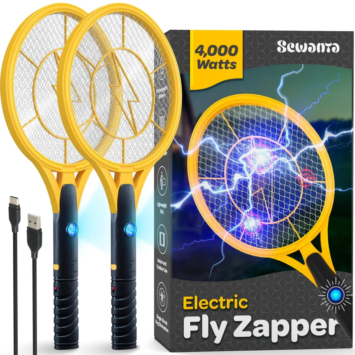  SEWANTA Electric Fly Swatter Set of 2 4000 Volt USB Rechargeable — product photo
