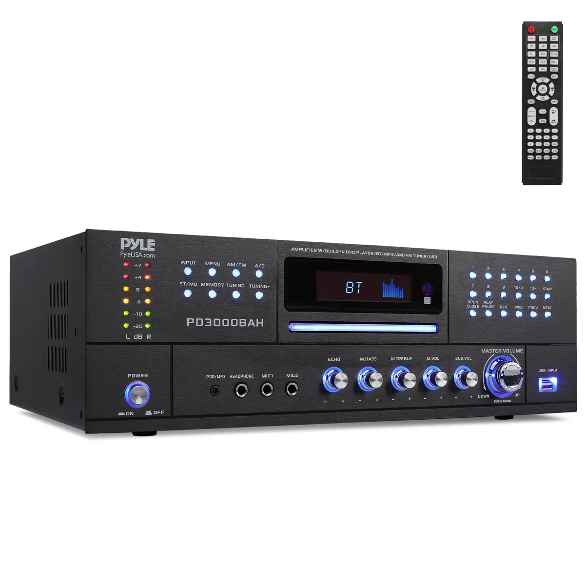 Silver rack-mount amplifier with front-loading CD/DVD slot, Bluetooth antenna, and front panel controls