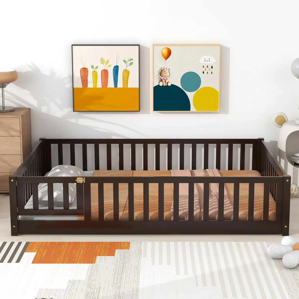 Espresso-finished rubber-wood floor bed with full fence and hinged door