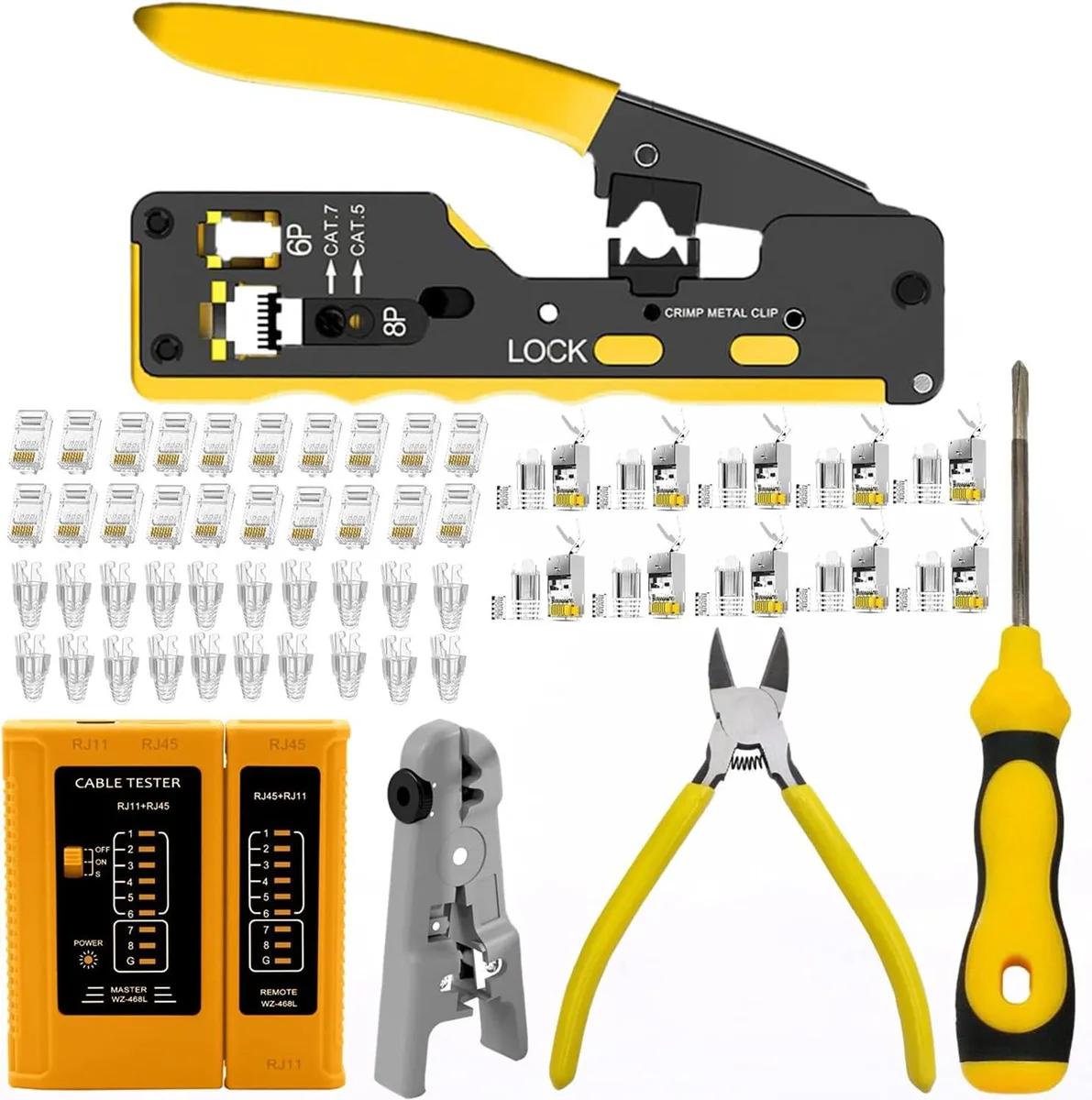 BFKK BFKK RJ45 Crimp Tool Kit Pass Through Cat7 Cat6A Cat6 Cat5e with 10 Cat7 20 Cat6 Connectors Network Tester — product photo