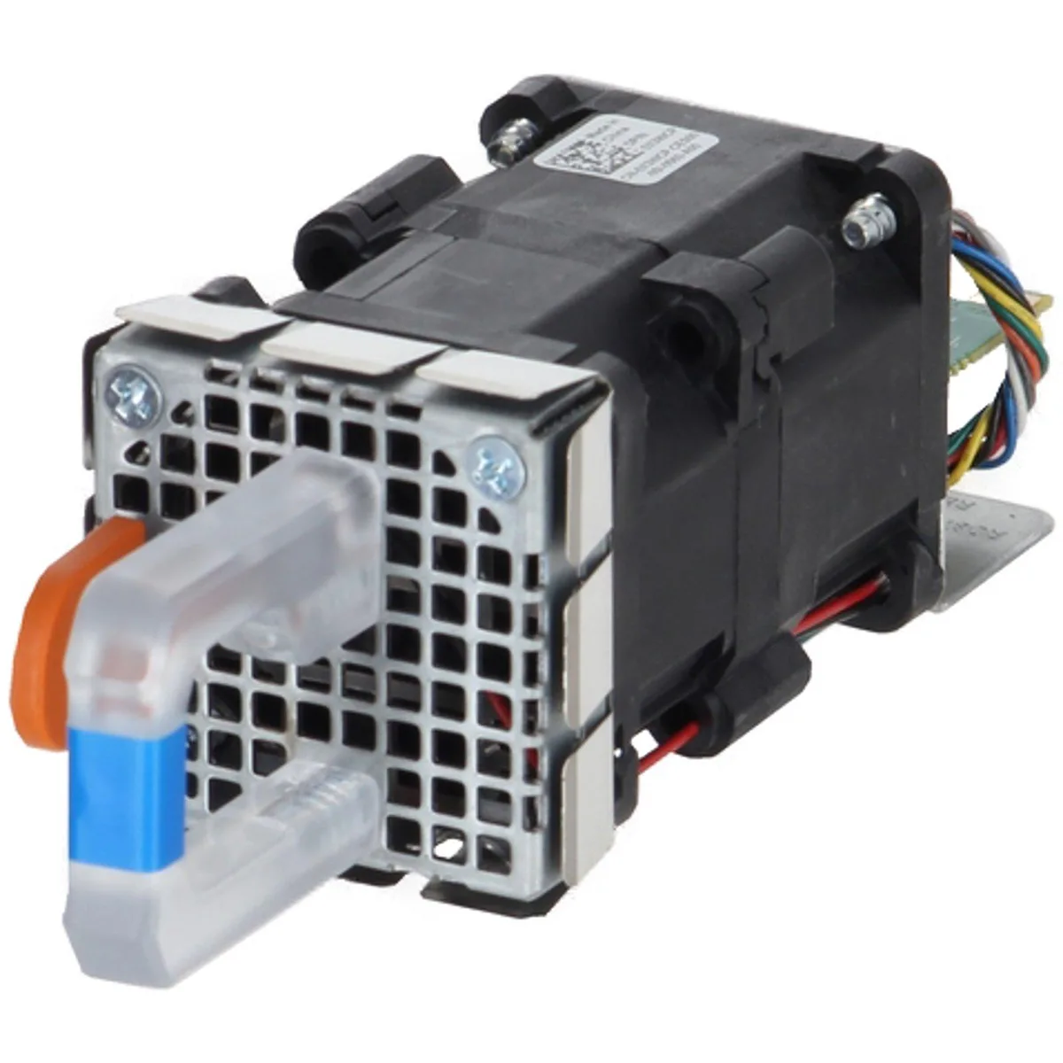Silver rectangular rack fan module with black grill and label