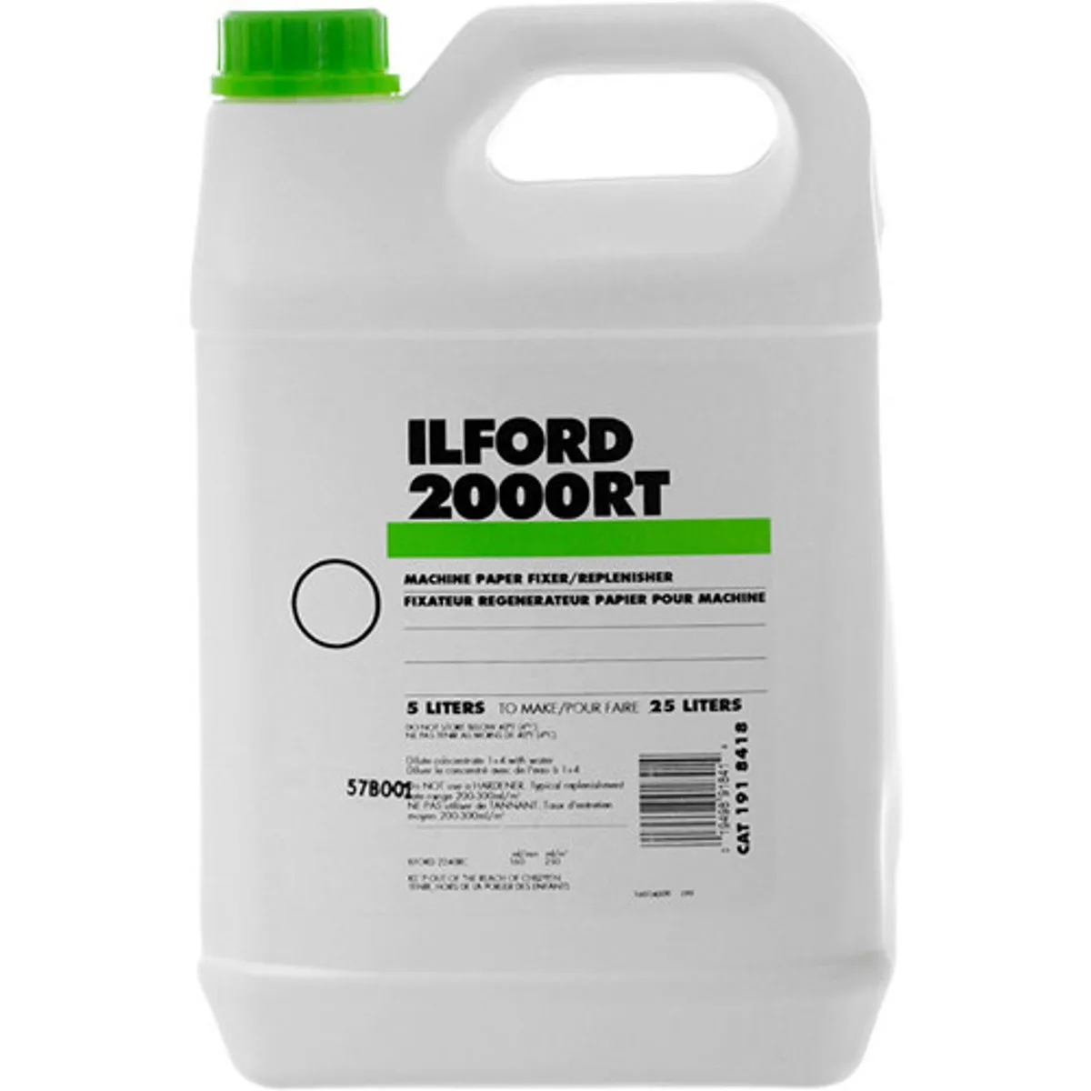 White 5 litre plastic cubitainer with black cap and Ilford label