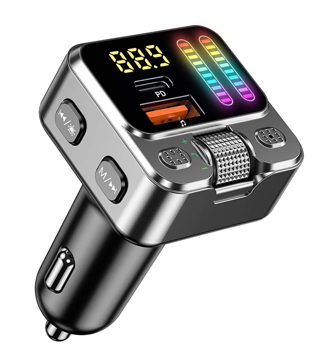 Compact Bluetooth 5.3 car adapter with dual USB ports and LED lights