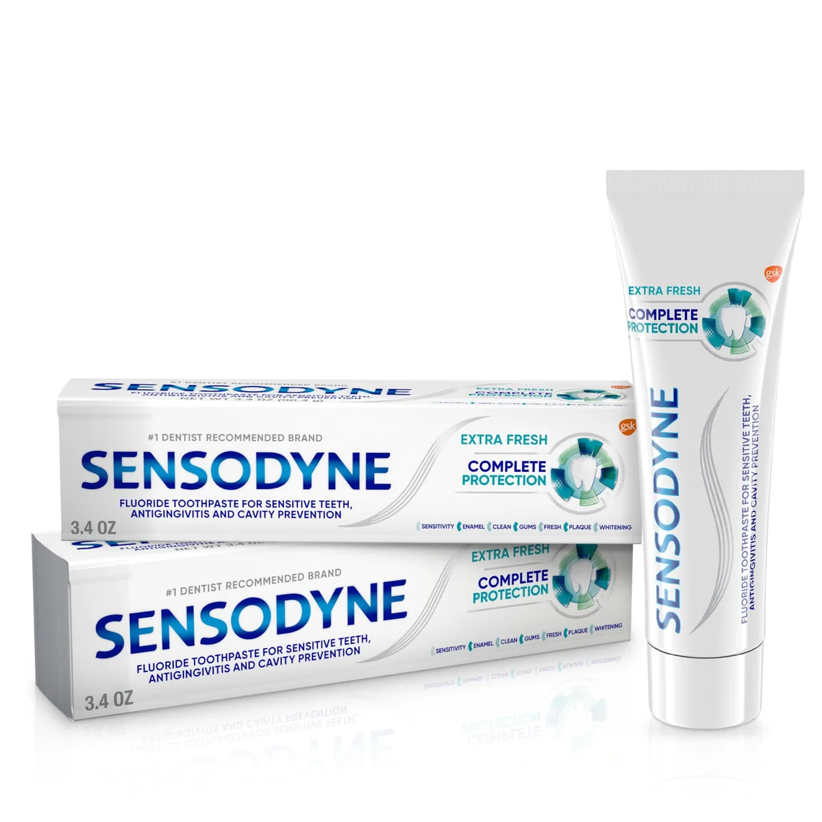 Two white 3.4 oz toothpaste tubes in cardboard packaging