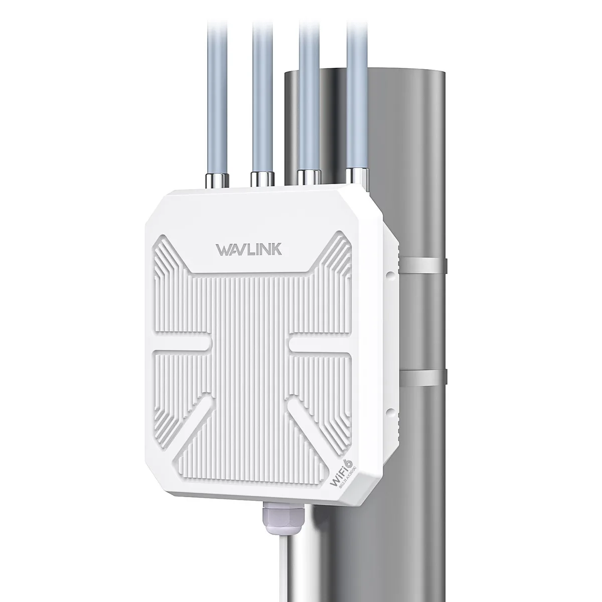 White rectangular outdoor WiFi6 extender with four detachable fiberglass antennas