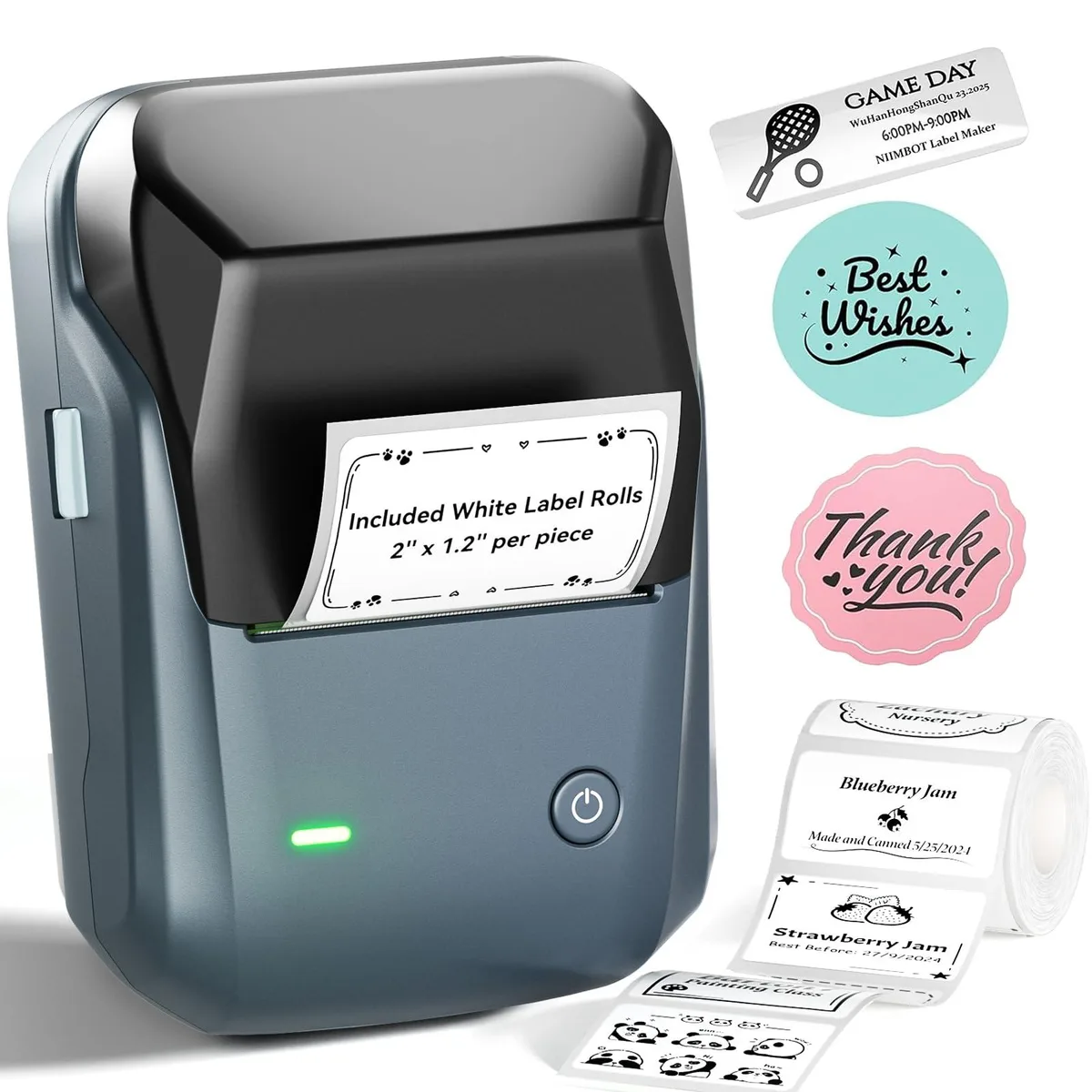 Compact blue handheld label printer with rounded edges and matte finish