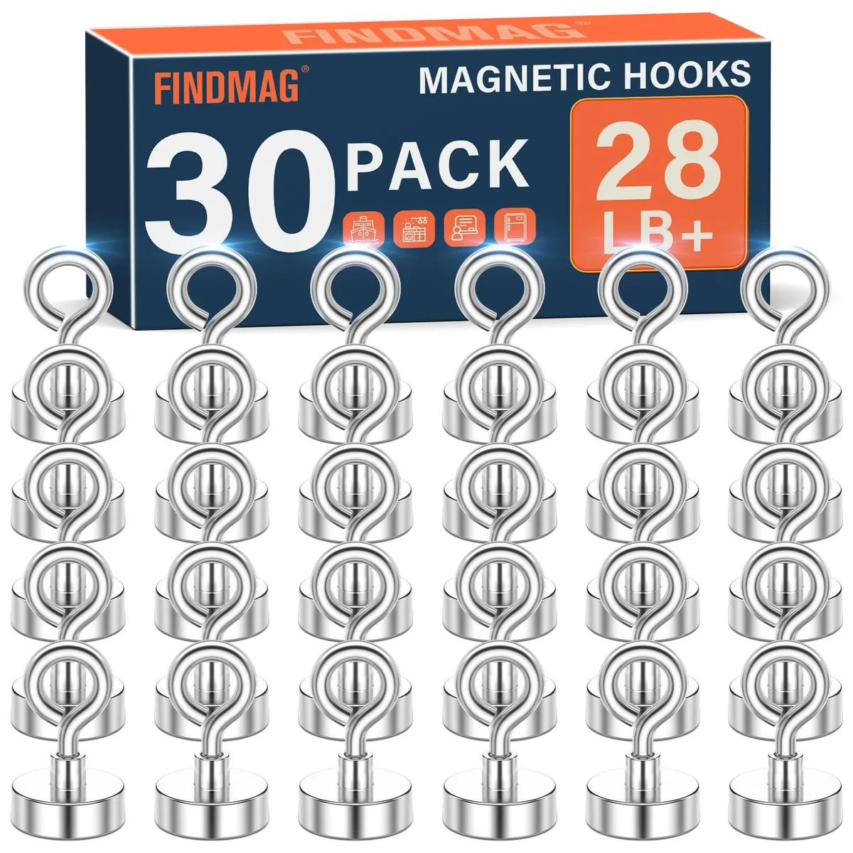Thirty small silver magnetic hooks with curved ends, packed together in a group
