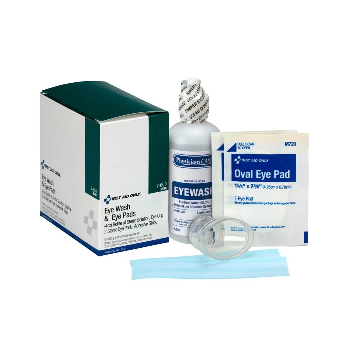 Compact blue first-aid box containing eye wash bottle, eye cup, gauze pads and adhesive strips
