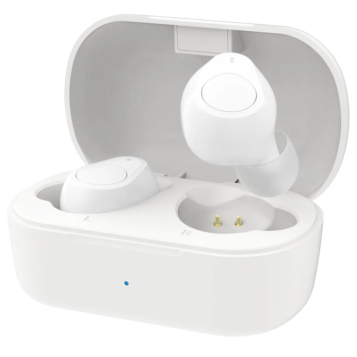 White in-ear hearing aids with charging case, USB cable and ear domes