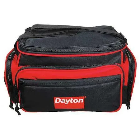 Black canvas tool bag, wide mouth zipper, five pockets, shoulder strap