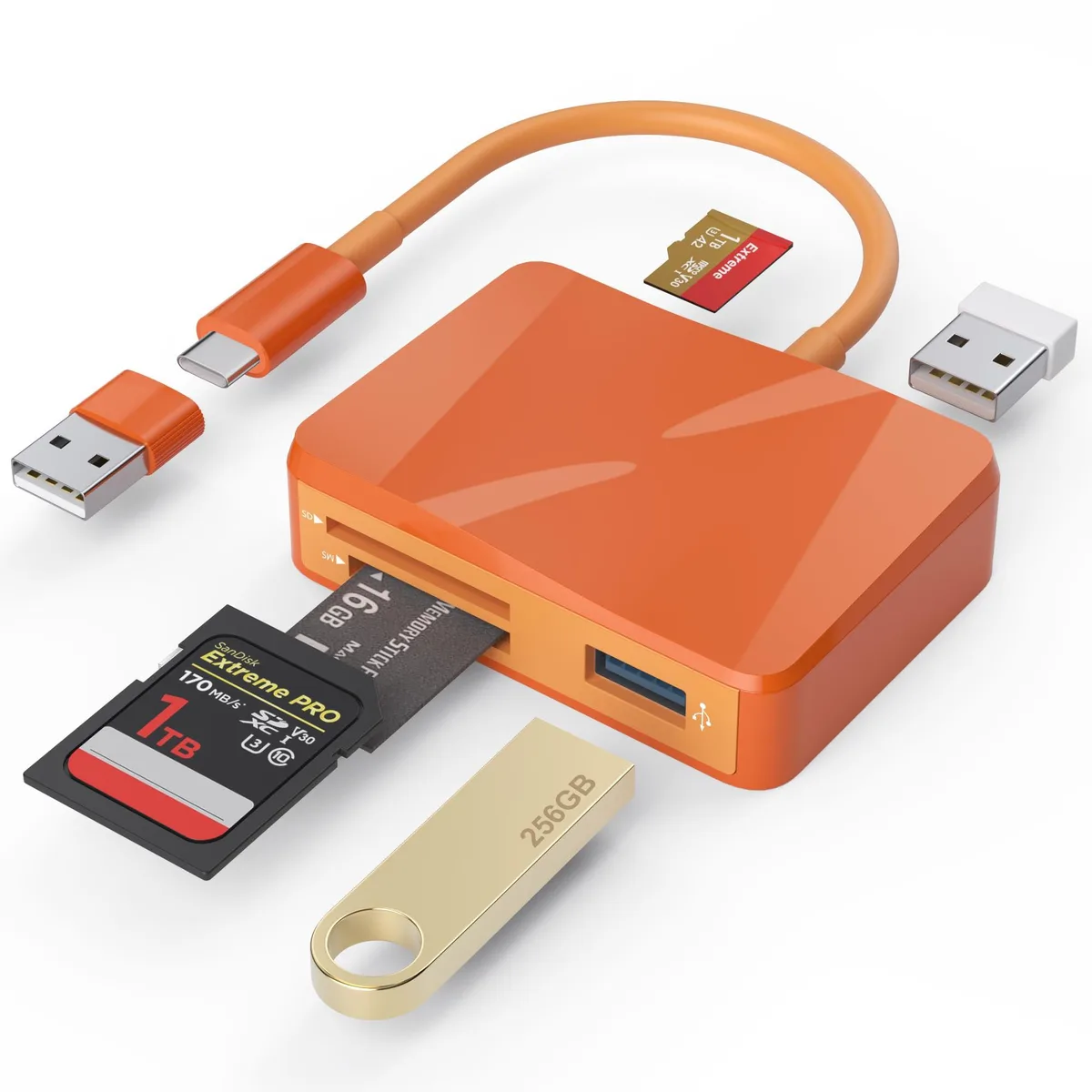 XC5U-O RFID SD Card Reader USB-C USB-A 5-in-1 Orange — product photo