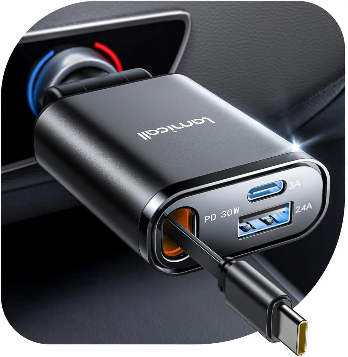 Leelbox Leelbox 57W 3-in-1 Retractable Car Charger USB-C 30W Black — product photo